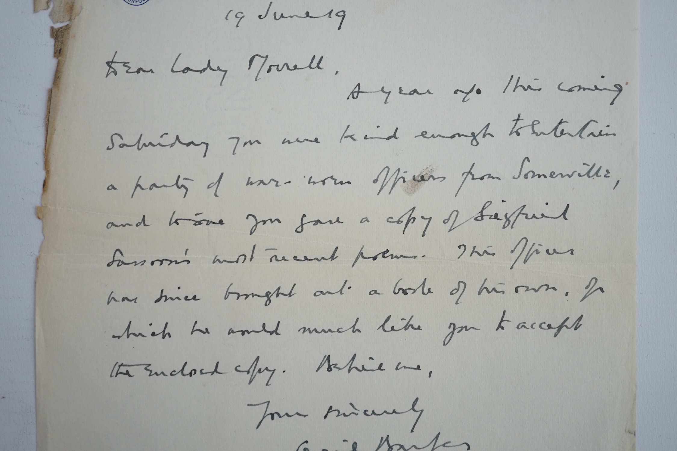 Letter from First World War soldier Leonard Cecil Barber on Norfolk Regiment headed paper, to Lady Ottoline Morell (1873-1938), best known as hostess at Garsington